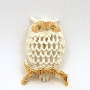 Vintage Napier Enameled White Owl On Branch Brooch w/Rhinestone Eyes